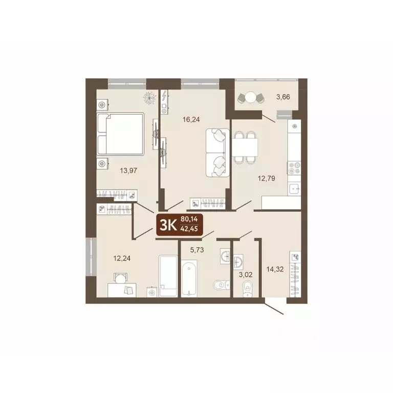 3-к кв. Кемеровская область, Кемерово 58В мкр, 1 (80.14 м) - Фото 2