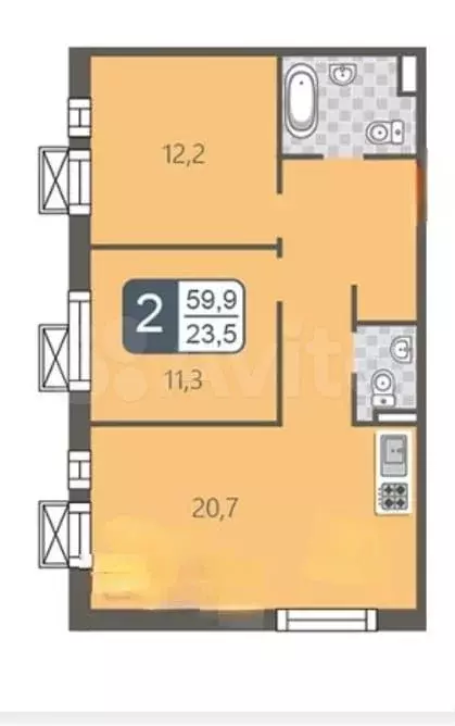 2-к. квартира, 60 м, 4/18 эт. - Фото 0