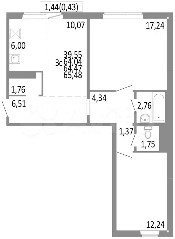 3-к. квартира, 64,5 м, 10/10 эт. - Фото 0