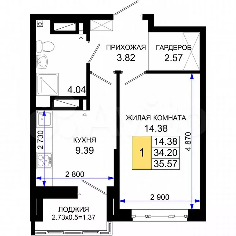 1-к. квартира, 35,6 м, 19/25 эт. - Фото 0