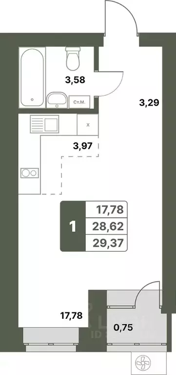 1-к кв. Башкортостан, Уфимский район, с. Миловка  (29.37 м) - Фото 1