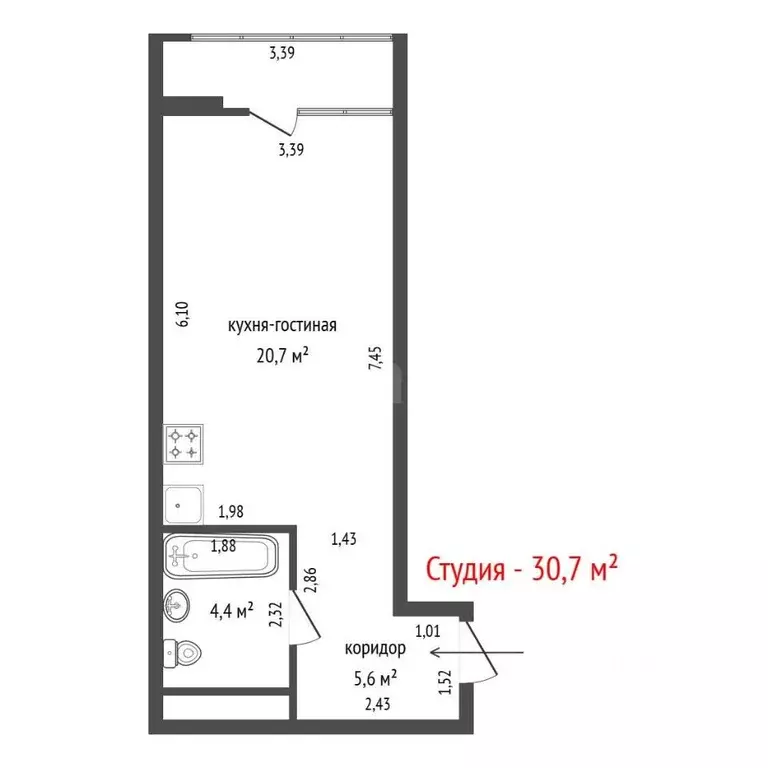 Студия Свердловская область, Екатеринбург ул. Ткачей, 13 (30.7 м) - Фото 2