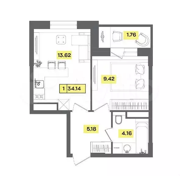 2-к. квартира, 34,1 м, 5/9 эт. - Фото 0