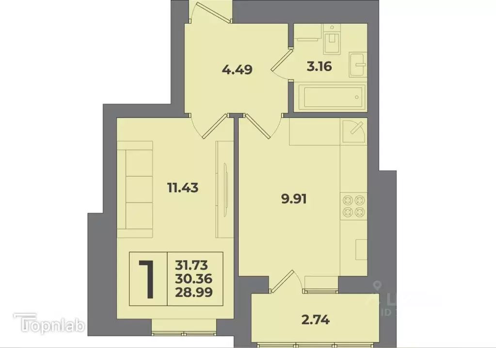 1-к кв. Калининградская область, Калининград ул. Понартская, 14 (31.73 ... - Фото 2