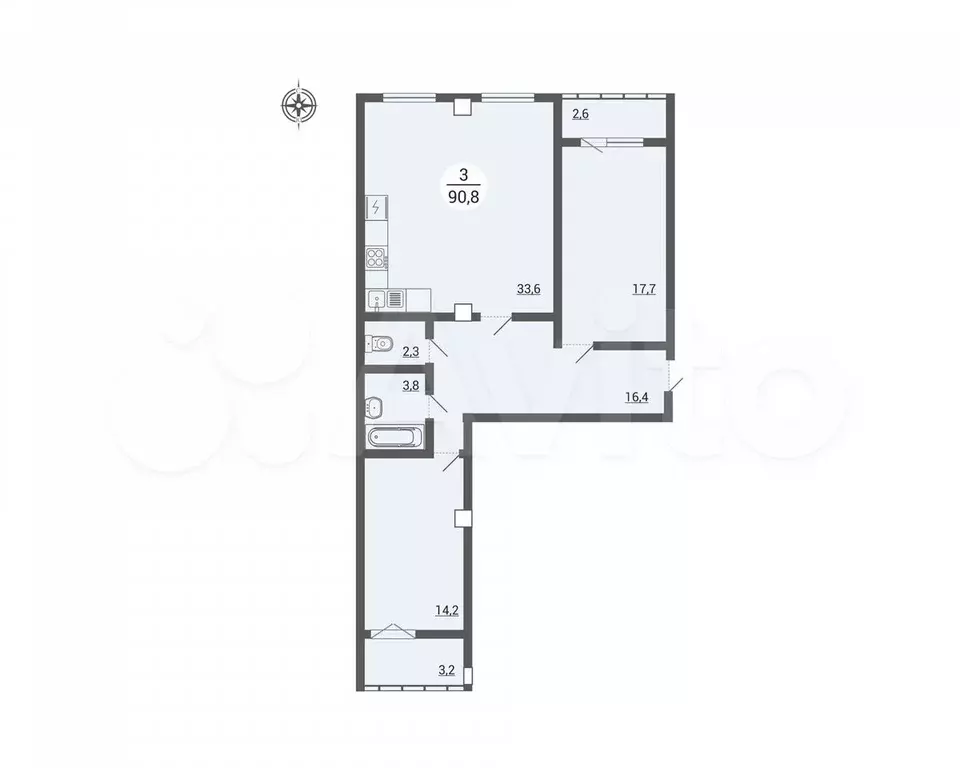 3-к. квартира, 90,8 м, 3/9 эт. - Фото 0