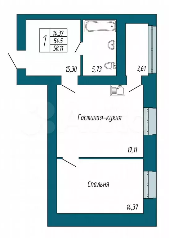 1-к. квартира, 47,8 м, 5/9 эт. - Фото 0