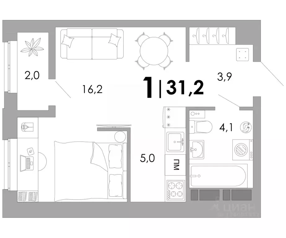 Студия Владимирская область, Владимир Уно жилой комплекс (31.2 м) - Фото 1