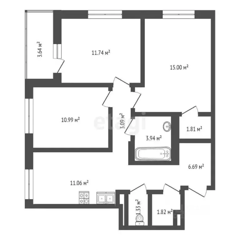 3-к кв. Тюменская область, Тюмень Интернациональная ул., 199к7 (67.4 ... - Фото 1