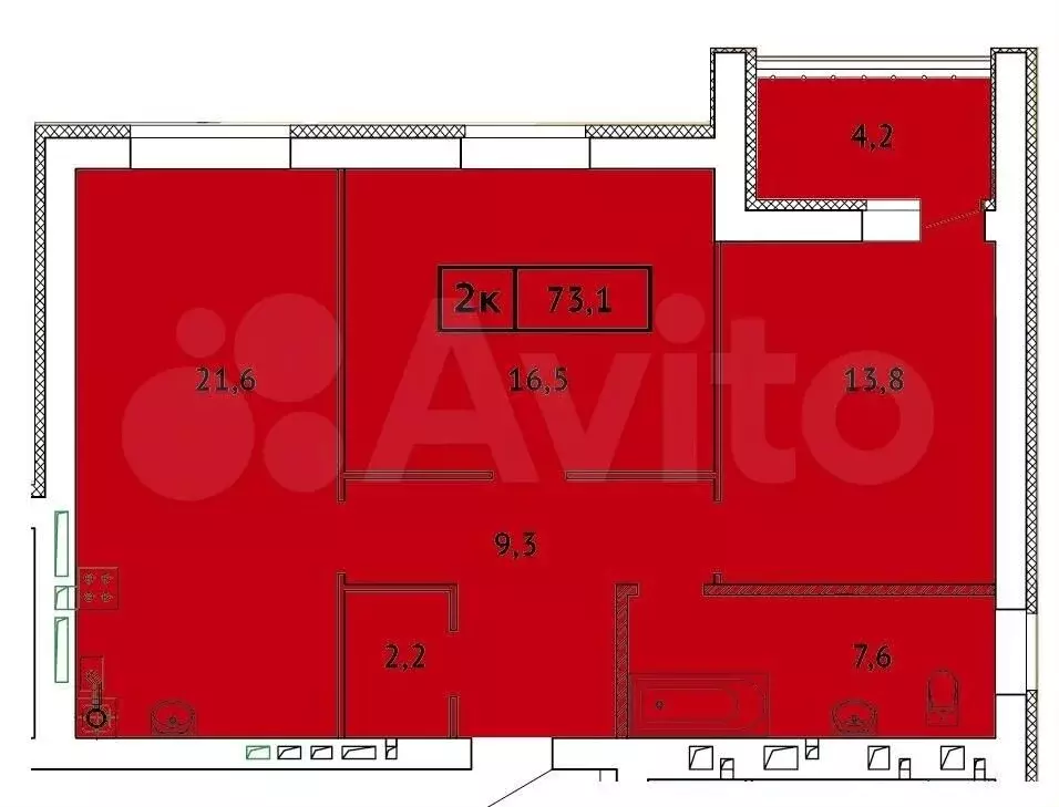 2-к. квартира, 73,1 м, 9/9 эт. - Фото 0