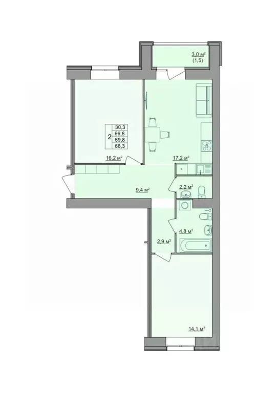 2-к кв. Костромская область, Кострома Магистральная ул., 49А (68.3 м) - Фото 1