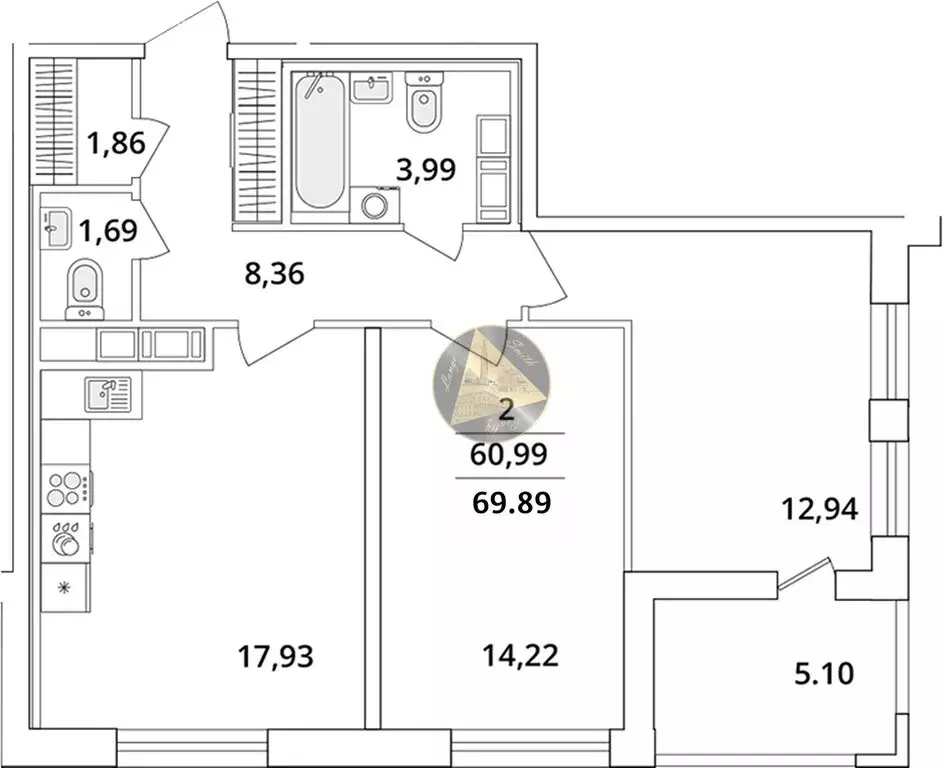 2-комнатная квартира: Санкт-Петербург, Кубинская улица, 82к3с1 (69.89 ... - Фото 0