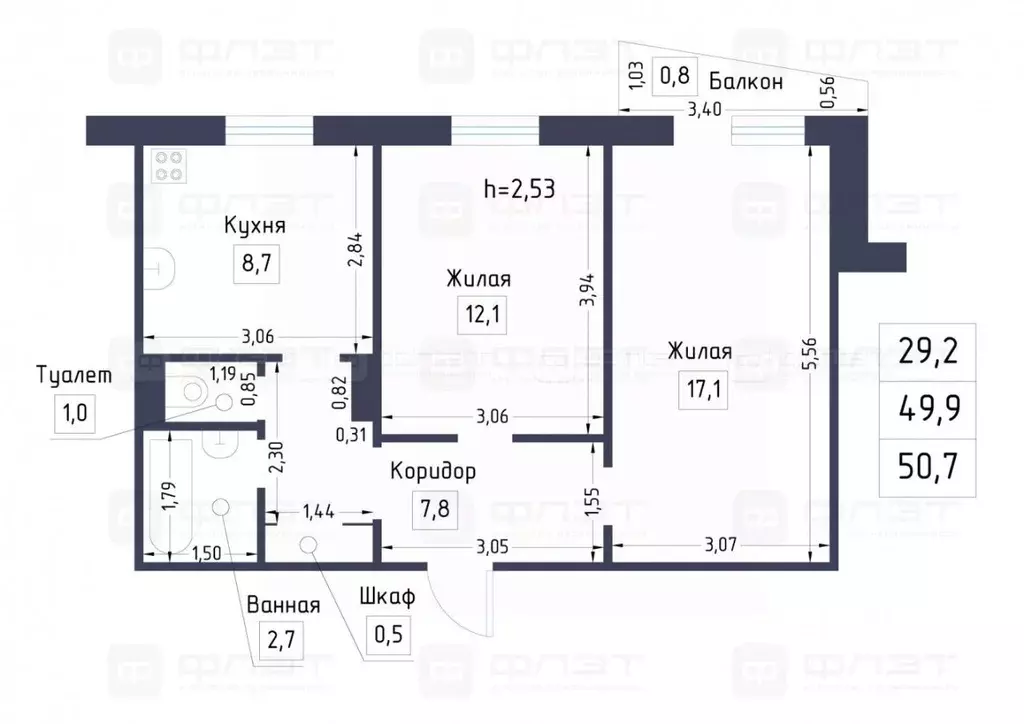 2-к кв. Татарстан, Казань ул. Гаврилова, 44 (50.0 м) - Фото 1