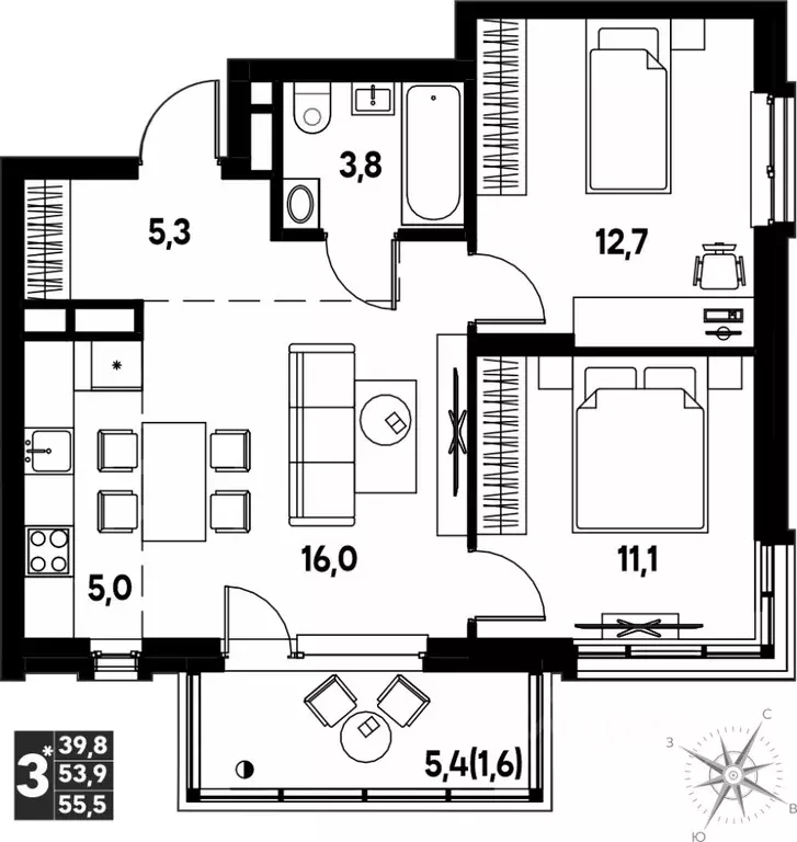 Студия Пермский край, д. Кондратово просп. Дягилева, 2 (55.5 м) - Фото 1