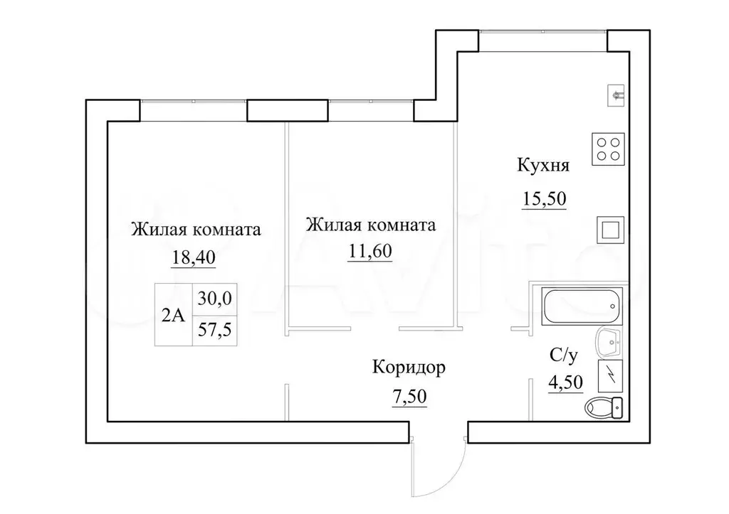 2-к. квартира, 57,5 м, 4/5 эт. - Фото 0