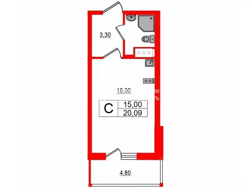 Студия Санкт-Петербург ул. Плесецкая, 10 (20.09 м) - Фото 1