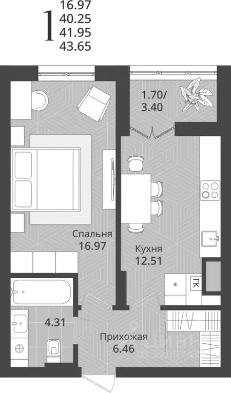 1-к кв. Калининградская область, Калининград Осенняя ул., 34 (41.95 м) - Фото 1