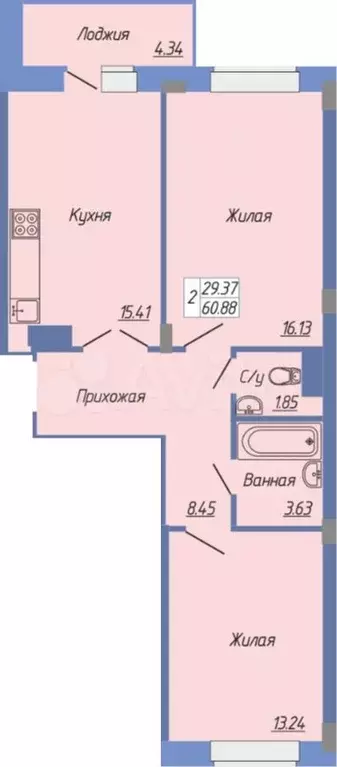 2-к. квартира, 60,9 м, 14/15 эт. - Фото 0