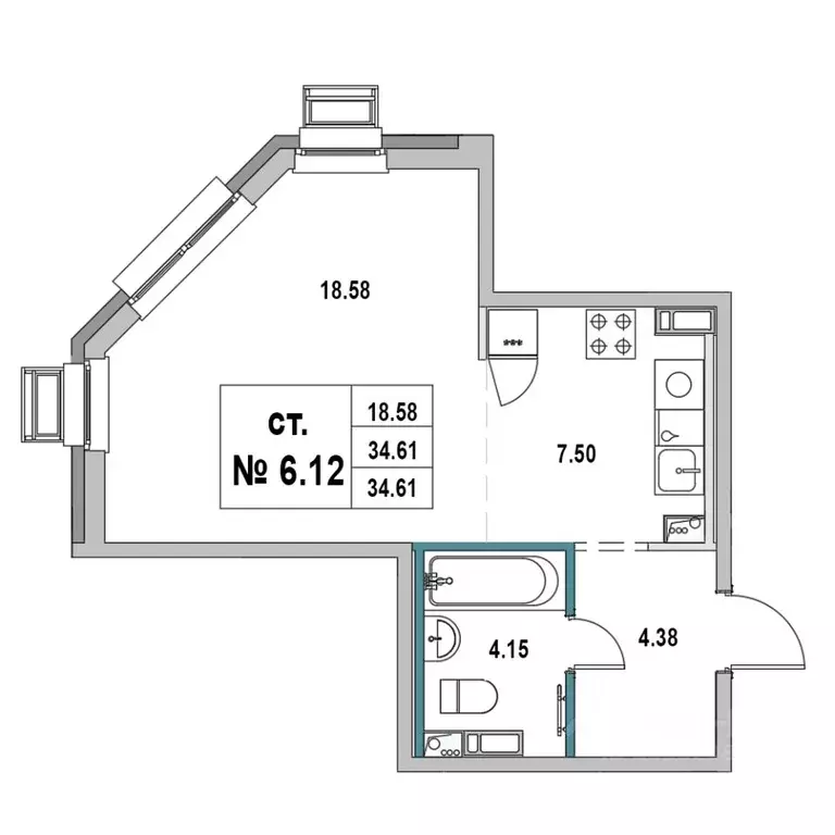 Студия Ленинградская область, Выборг ул. 2-я Южная, 4 (34.61 м) - Фото 1