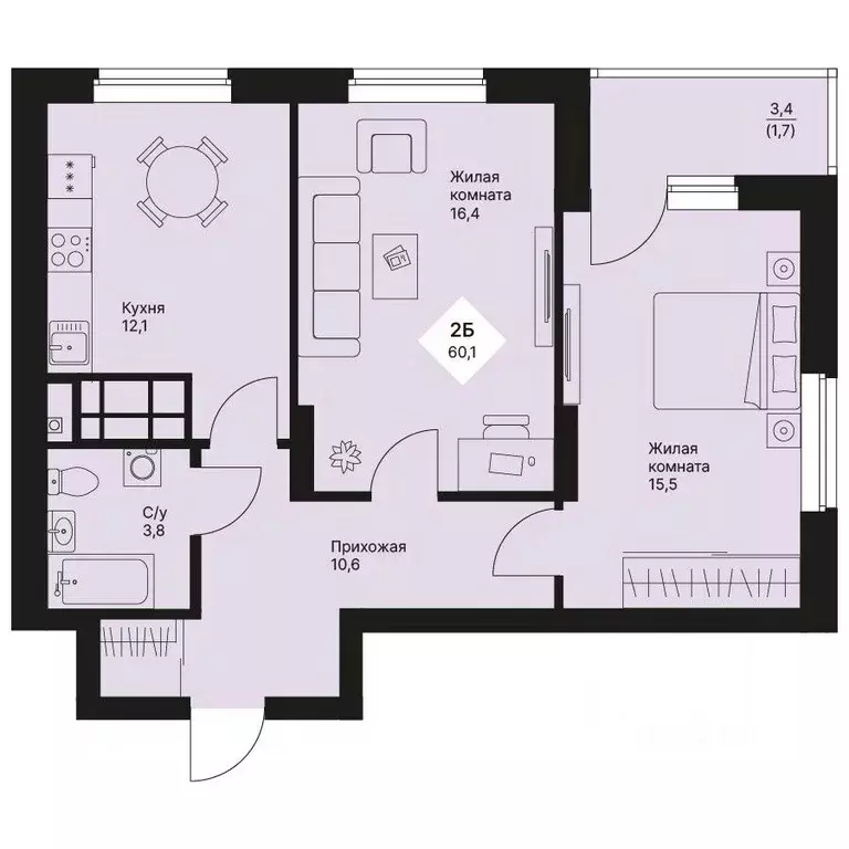2-к кв. Свердловская область, Екатеринбург Эльмаш жилрайон, Веер Парк ... - Фото 1