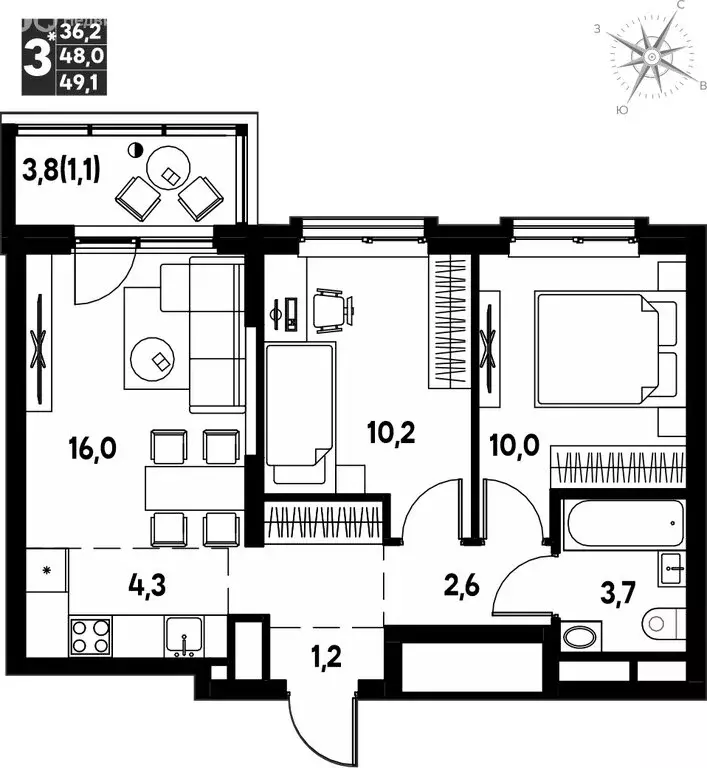 3-комнатная квартира: деревня Кондратово, ЖК Мы (49.1 м) - Фото 0