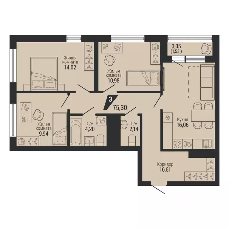 3-к кв. Свердловская область, Екатеринбург пер. Ученический, 4 (75.3 ... - Фото 1