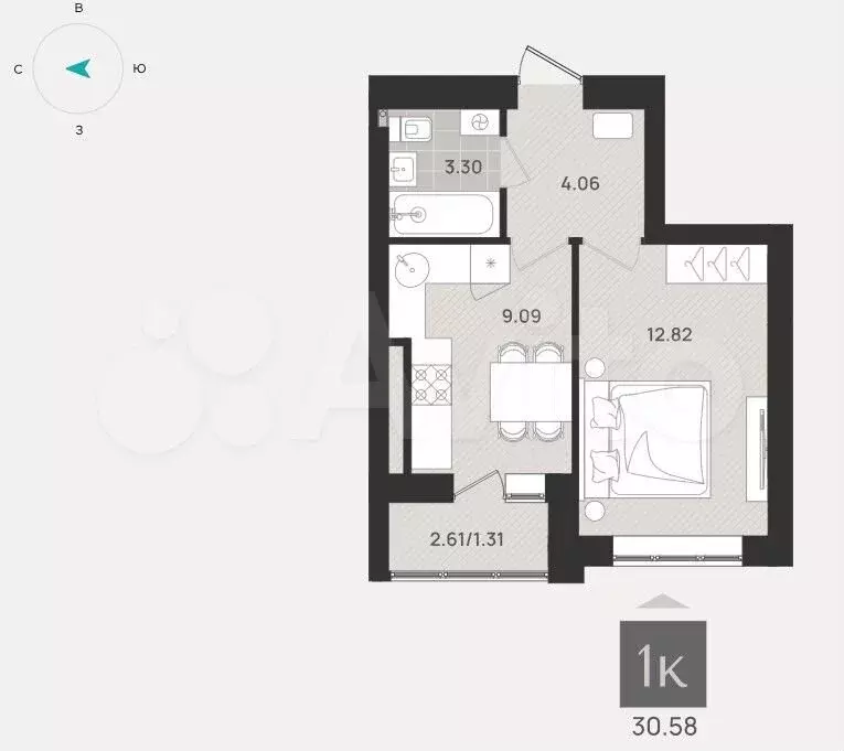 1-к. квартира, 30,6 м, 5/9 эт. - Фото 1