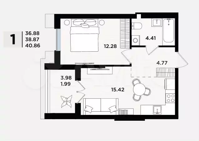1-к. квартира, 40,9 м, 5/5 эт. - Фото 1