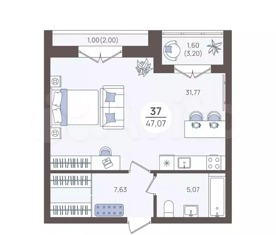 Апартаменты-студия, 49,6 м, 1/5 эт. - Фото 1