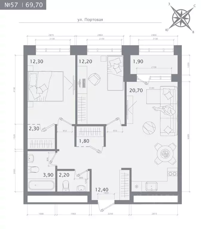 2-к кв. Татарстан, Казань 1712 жилой комплекс (69.7 м) - Фото 1