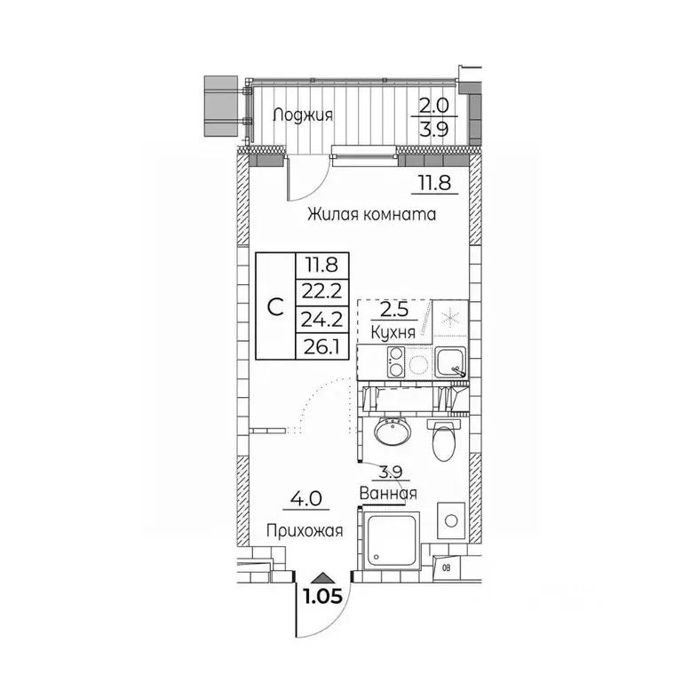 Студия Приморский край, Владивосток ул. Расула Гамзатова, 7к3 (26.1 м) - Фото 2