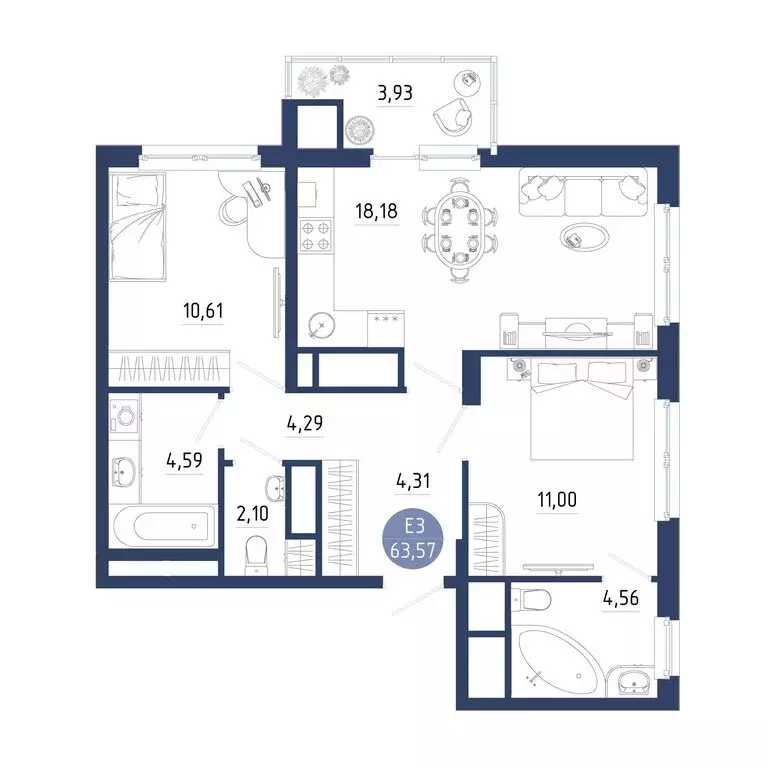 2-комнатная квартира: село Дядьково, 2-й Бульварный проезд, 8 (63.57 ... - Фото 2