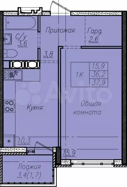 1-к. квартира, 37,9м, 1/7эт. - Фото 1