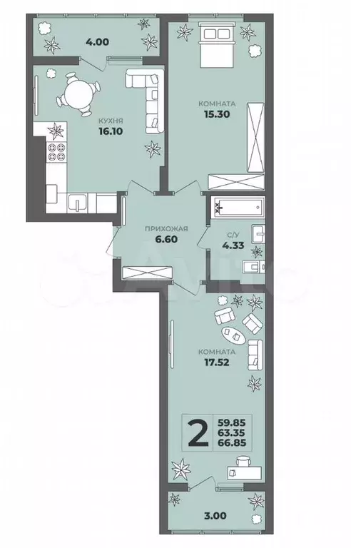 2-к. квартира, 63,3 м, 8/8 эт. - Фото 1