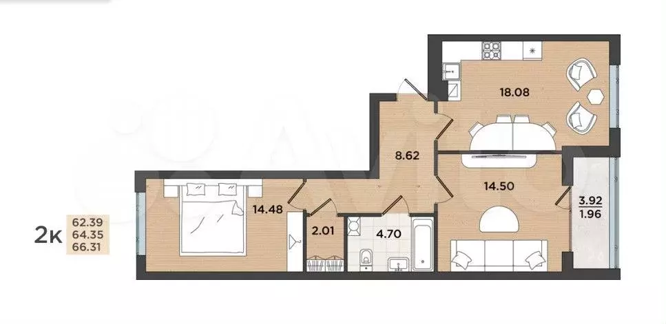 2-к. квартира, 64,6 м, 1/8 эт. - Фото 1
