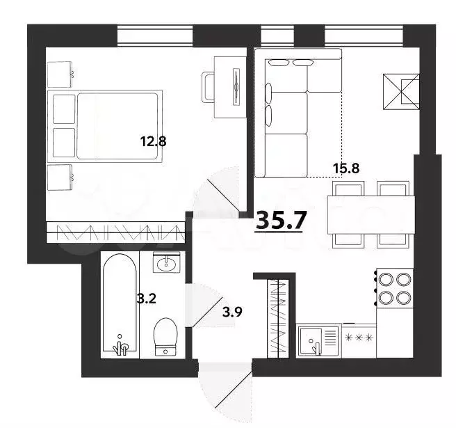 1-к. квартира, 35,7 м, 1/5 эт. - Фото 0