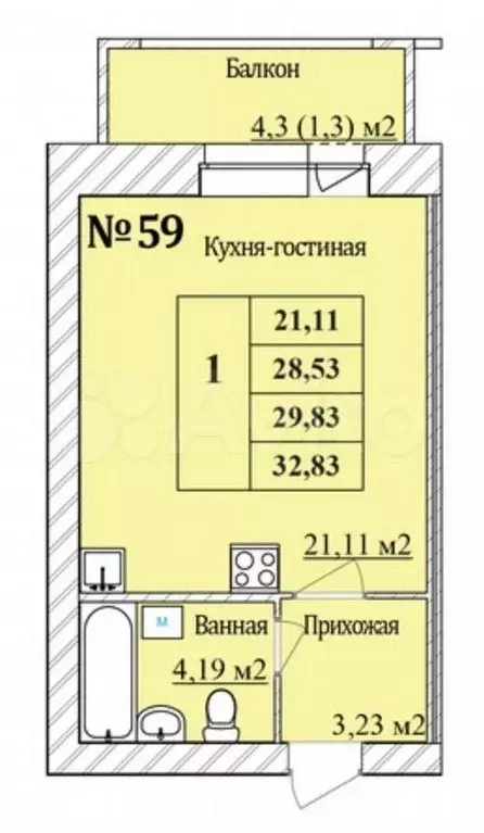 Квартира-студия, 29,8 м, 6/8 эт. - Фото 0