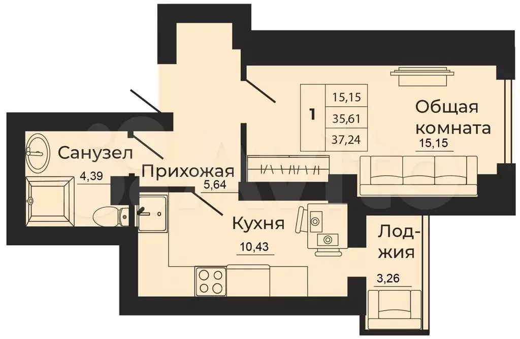 1-к. квартира, 37,2 м, 17/24 эт. - Фото 1