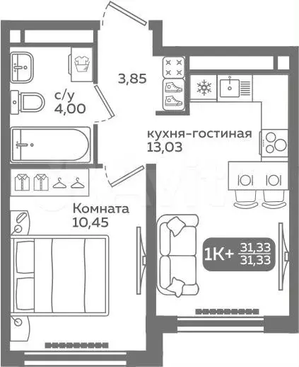 1-к. квартира, 31,3 м, 16/21 эт. - Фото 0