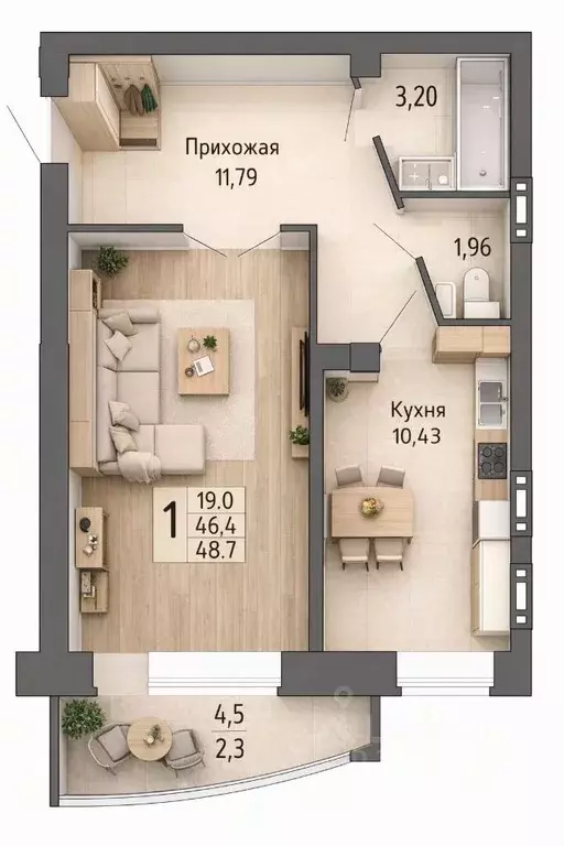 1-к кв. Воронежская область, Воронеж ул. Летчика Филипова, 4 (48.7 м) - Фото 2