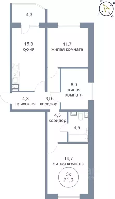 3-к кв. Ханты-Мансийский АО, Нефтеюганск 6-й мкр, 11 (71.0 м) - Фото 0