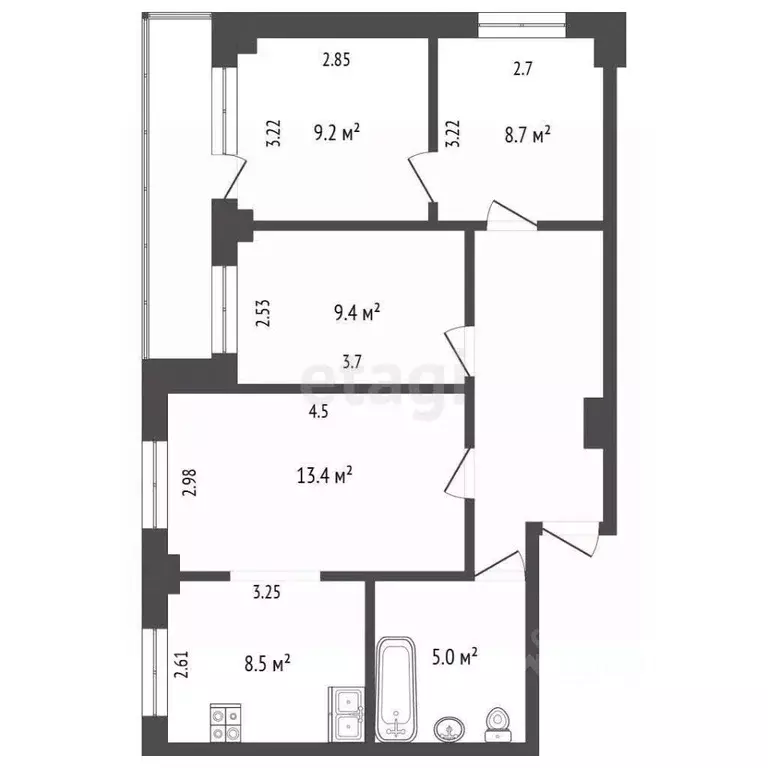 3-к кв. Калужская область, Калуга ул. Степана Разина, 42/38 (65.0 м) - Фото 1