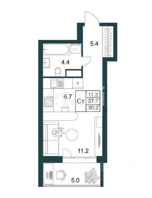 Студия Липецкая область, Липецк Минская ул., 4Б (30.3 м) - Фото 2