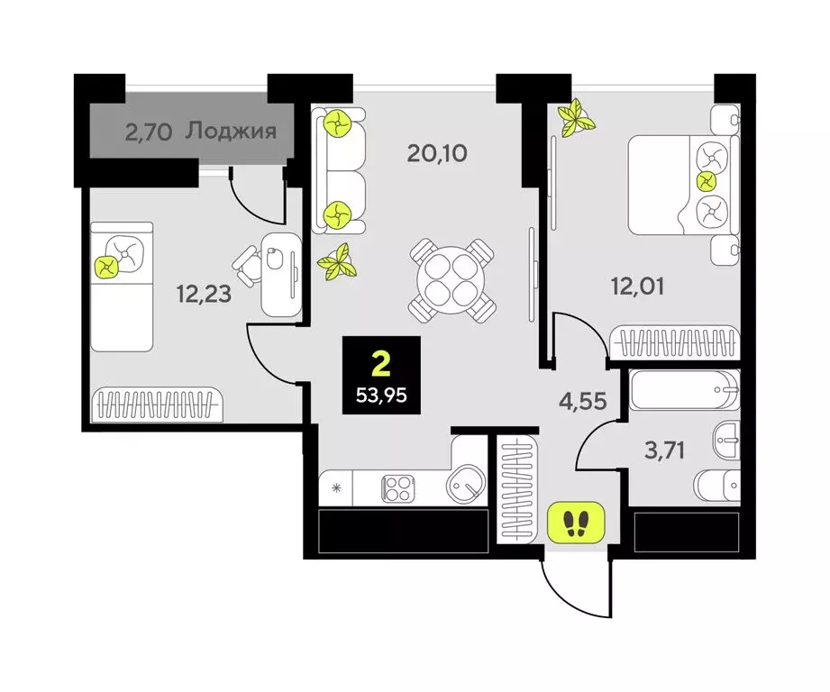 2-комнатная квартира: Тюмень, улица Андрея Приказнова, 1 (51.5 м) - Фото 1