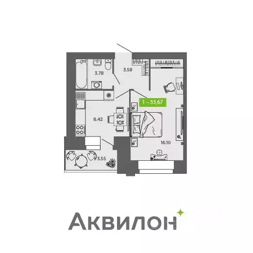 1-к кв. Архангельская область, Северодвинск  (33.67 м) - Фото 0