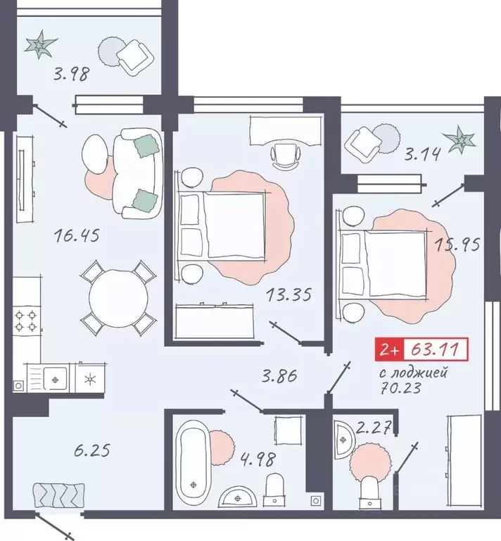 2-к кв. Ханты-Мансийский АО, Ханты-Мансийск Промышленная ул. (63.11 м) - Фото 1