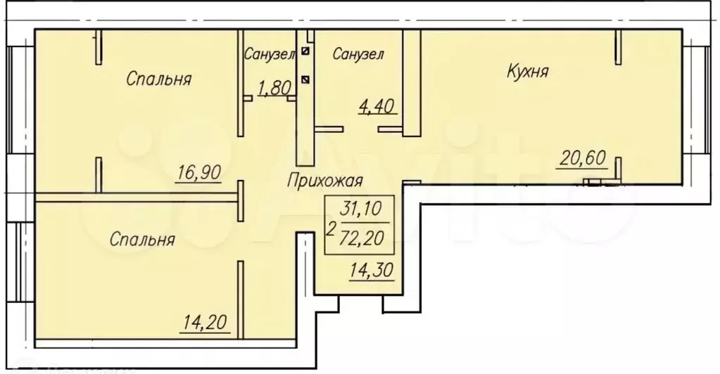 2-к. квартира, 72 м, 1/4 эт. - Фото 0