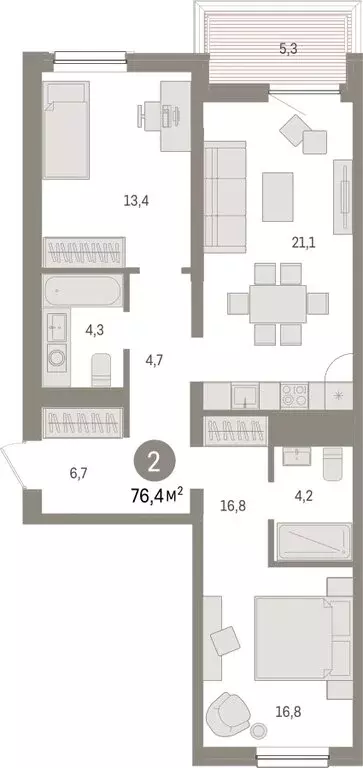 2-комнатная квартира: Тюмень, Мысовская улица, 26к1 (76.43 м) - Фото 1