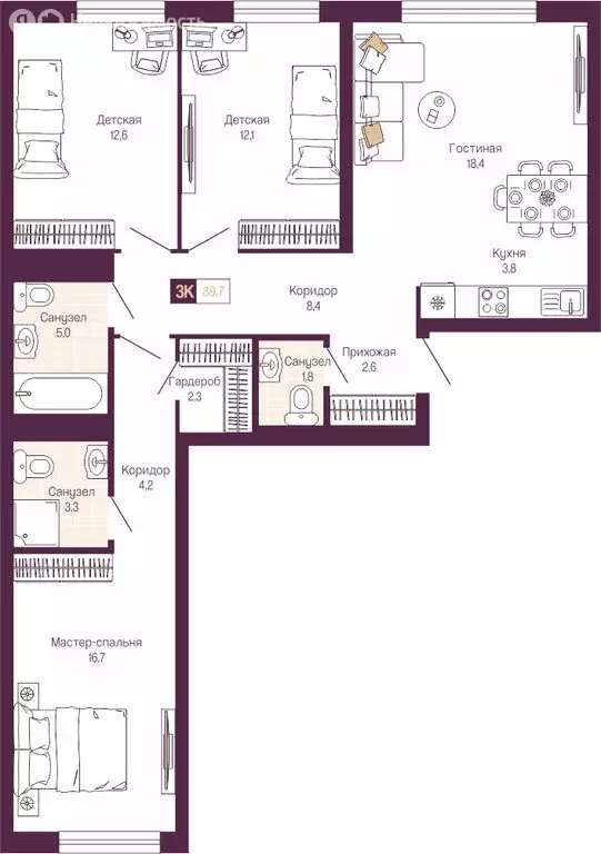 3-комнатная квартира: Нижний Новгород, ЖК Идель. Квартал на Сенной ... - Фото 1