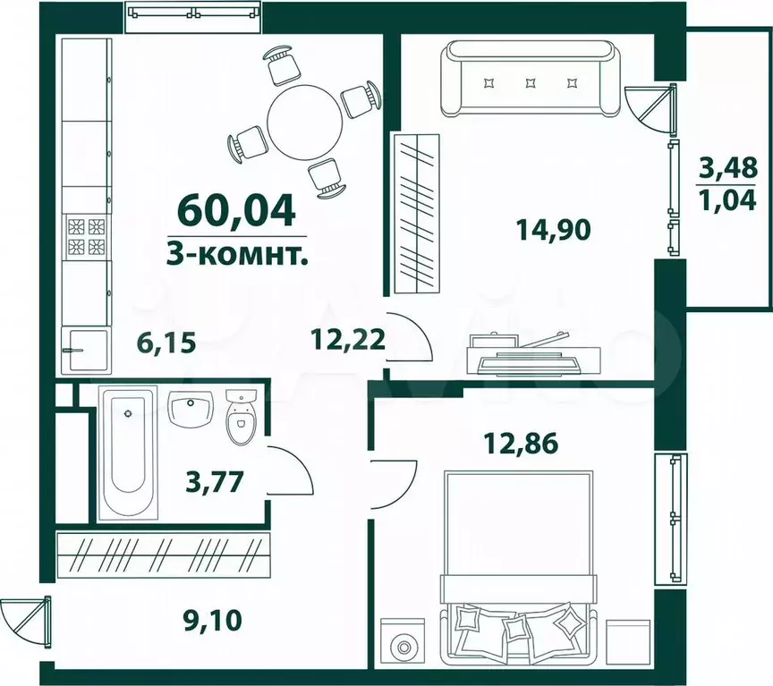 3-к. квартира, 60 м, 8/24 эт. - Фото 0