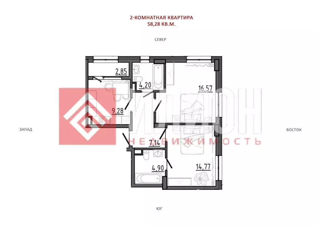 2-комнатная квартира: Белогорск, Нижнегорская улица (58.3 м) - Фото 1